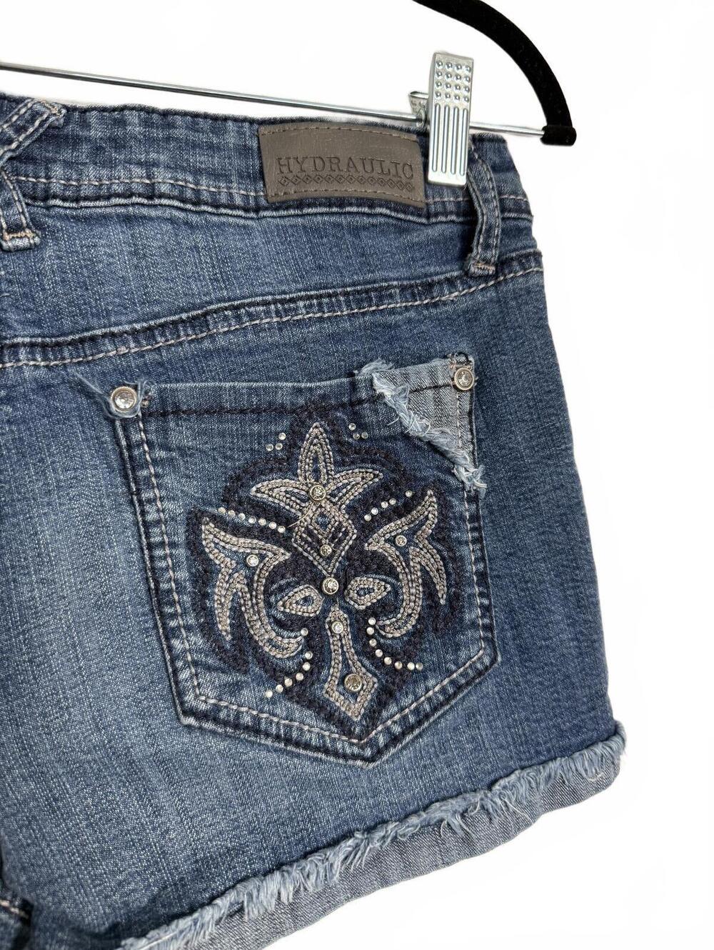 Y2K Hydraulic Denim Shorts with Embellished Back Pockets - Picture 4 of 6
